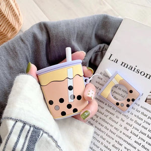 AirPods Case Cartoon Cute Funny Milk Bubble Tea Drink Bottle Cover For Airpods with Finger Ring Strap