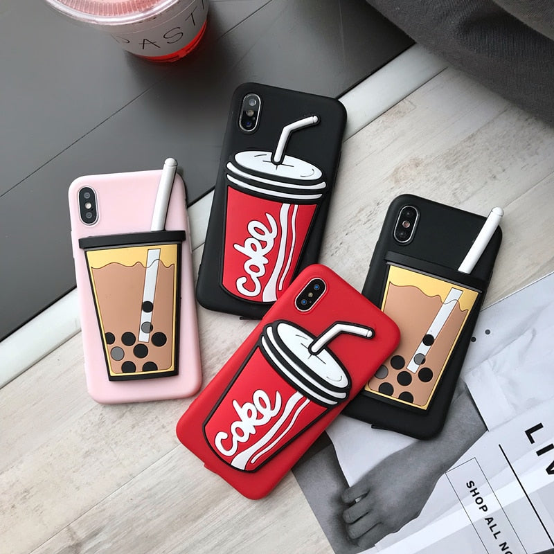 Cartoon coffee milk tea pink silicone phone case for iphone X XR XS MAX 6S 7 8 plus