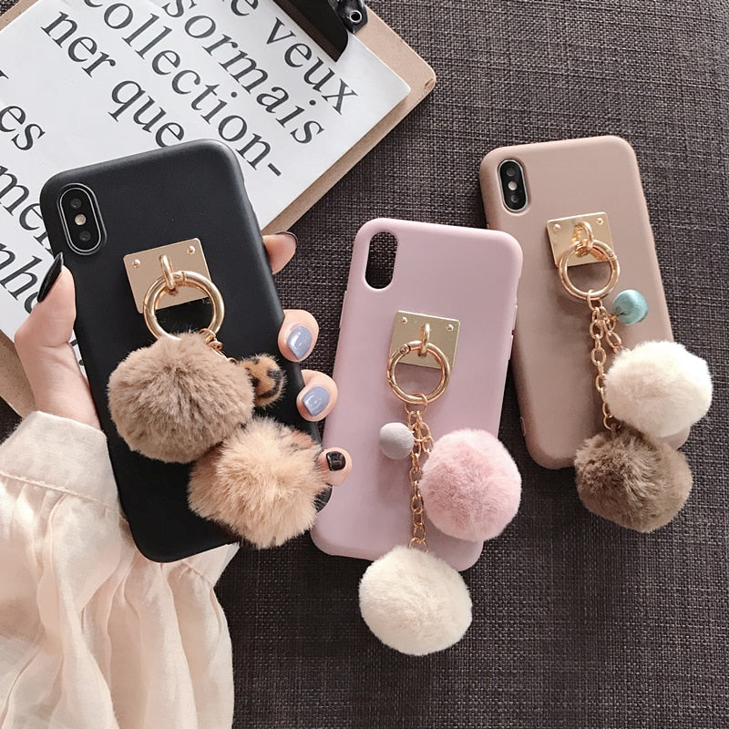 Luxury Cute 3D fox fur ball keychain silicone phone case for iphone X XR XS MAX 6S 7 8 plus